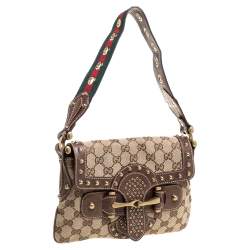 Pre Owned Gucci Brown/Beige GG Canvas Studded Pelham Runway Flap Bag