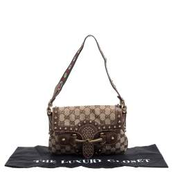 Pre Owned Gucci Brown/Beige GG Canvas Studded Pelham Runway Flap Bag
