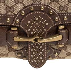 Pre Owned Gucci Brown/Beige GG Canvas Studded Pelham Runway Flap Bag