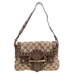 Pre Owned Gucci Brown/Beige GG Canvas Studded Pelham Runway Flap Bag