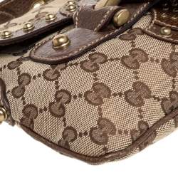Pre Owned Gucci Brown/Beige GG Canvas Studded Pelham Runway Flap Bag