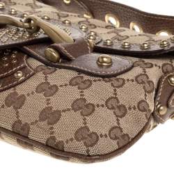 Pre Owned Gucci Brown/Beige GG Canvas Studded Pelham Runway Flap Bag