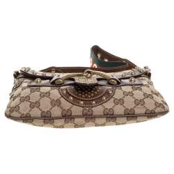 Pre Owned Gucci Brown/Beige GG Canvas Studded Pelham Runway Flap Bag