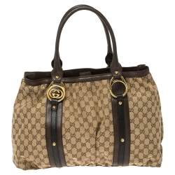 Pre Owned Gucci Beige/Brown GG Canvas and Leather Large Interlocking G Tote