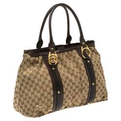 Pre Owned Gucci Beige/Brown GG Canvas and Leather Large Interlocking G Tote