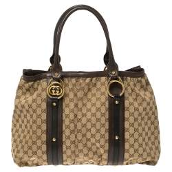 Pre Owned Gucci Beige/Brown GG Canvas and Leather Large Interlocking G Tote