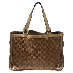 Pre Owned Gucci Metallic Bronze GG Canvas and Leather Medium Abbey Tote