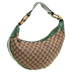 Pre Owned حقيبة هوبو غوتشي "رينغ" بامبو جل د و كانفاس أخضر و بيج