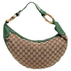 Pre Owned حقيبة هوبو غوتشي "رينغ" بامبو جلد و كانفاس أخضر و بيج