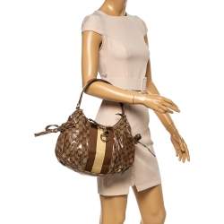 Pre Owned حقيبة غوتشي مخططة ويب كانفاس كريستال جي جي بنية