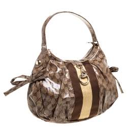 Pre Owned حقيبة غوتشي مخططة ويب كانفاس كريستال جي جي بنية