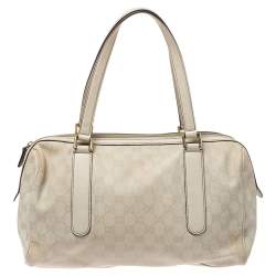 Gucci Ivory GG Canvas and Leather Boston Bag