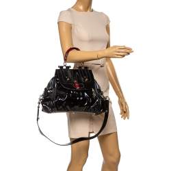 مملوكة مسبقًا Gucci Black Coated Nylon and Patent Leather Dialux Pop Bamboo Top Handle Bag
