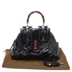 مملوكة مسبقًا Gucci Black Coated Nylon and Patent Leather Dialux Pop Bamboo Top Handle Bag