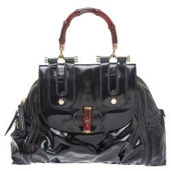 مملوكة مسبقًا Gucci Black Coated Nylon and Patent Leather Dialux Pop Bamboo Top Handle Bag