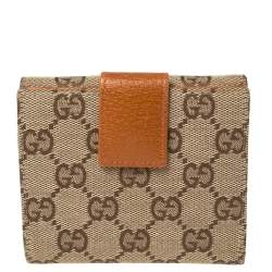 Gucci Beige GG Canvas And Leather French Flap Studded Wallet