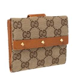 Gucci Beige GG Canvas And Leather French Flap Studded Wallet