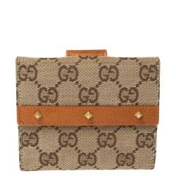 Gucci Beige GG Canvas And Leather French Flap Studded Wallet