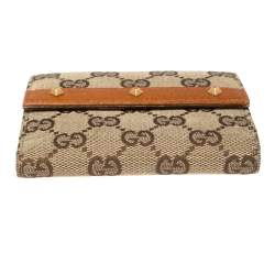 Gucci Beige GG Canvas And Leather French Flap Studded Wallet