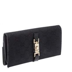 Pre Owned محفظة كونتينينتال غوتشي جاكي جلد وكانفاس جي جي سوداء