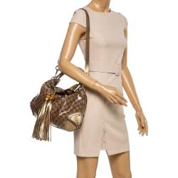 مملوكة مسبقًا Gucci Gold/Beige GG Crystal Canvas and Leather Medium Babouska Indy Hobo