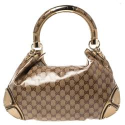 مملوكة مسبقًا Gucci Gold/Beige GG Crystal Canvas and Leather Medium Babouska Indy Hobo