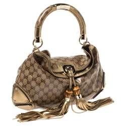مملوكة مسبقًا Gucci Gold/Beige GG Crystal Canvas and Leather Medium Babouska Indy Hobo