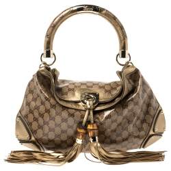 مملوكة مسبقًا Gucci Gold/Beige GG Crystal Canvas and Leather Medium Babouska Indy Hobo