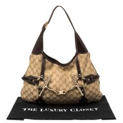 Pre Owned حقيبة هوبو غوتشى أنيفيرسارى 85 th جلد وكانفاس جى جى بنيه / بيج 