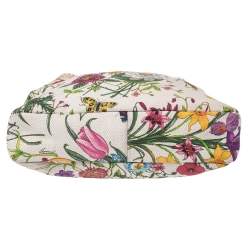 Pre Owned Gucci White Floral Print Canvas and Leather Small Horsebit Hobo    