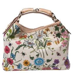 Pre Owned Gucci White Floral Print Canvas and Leather Small Horsebit Hobo    
