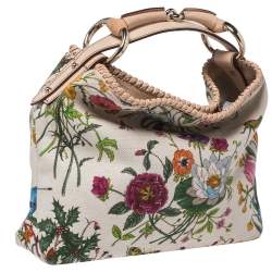 Pre Owned Gucci White Floral Print Canvas and Leather Small Horsebit Hobo    
