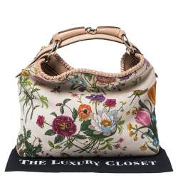 Pre Owned Gucci White Floral Print Canvas and Leather Small Horsebit Hobo    