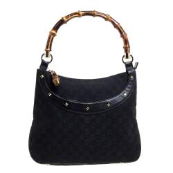 Pre Owned Gucci Black GG Canvas and Leather Anita Bamboo Hobo