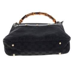 Pre Owned Gucci Black GG Canvas and Leather Anita Bamboo Hobo