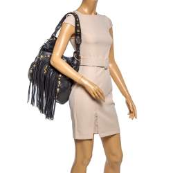 Pre Owned Gucci Black Leather and Suede Babouska Fringe Hobo