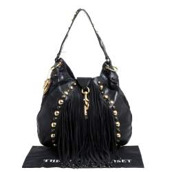 Pre Owned Gucci Black Leather and Suede Babouska Fringe Hobo