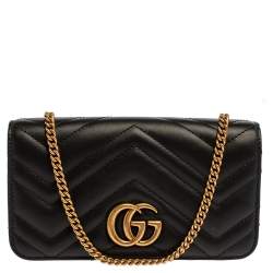 Pre Owned Gucci Black Leather Mini Marmont Chain Bag