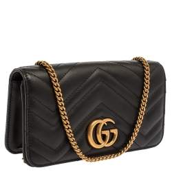 Pre Owned Gucci Black Leather Mini Marmont Chain Bag