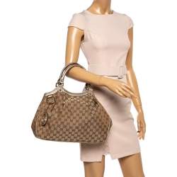 Pre Owned Gucci Beige GG Canvas and Leather Medium Sukey Tote