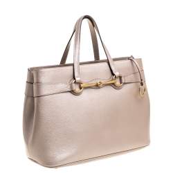 Pre Owned Gucci Metallic Beige Leather Medium Bright Bit Tote