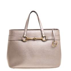 Pre Owned Gucci Metallic Beige Leather Medium Bright Bit Tote