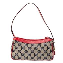 Pre Owned Gucci Red/Beige GG Canvas and Leather Charm Pochette Bag