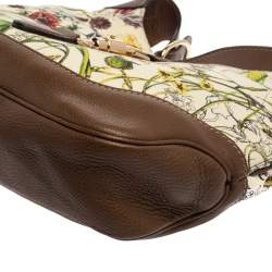 Pre Owned Gucci White/Brown Flora Canvas and Leather Medium Jackie Hobo