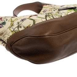 Pre Owned Gucci White/Brown Flora Canvas and Leather Medium Jackie Hobo