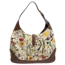 Pre Owned Gucci White/Brown Flora Canvas and Leather Medium Jackie Hobo