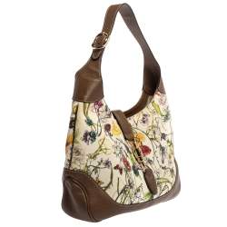 Pre Owned Gucci White/Brown Flora Canvas and Leather Medium Jackie Hobo