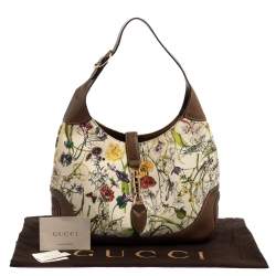 Pre Owned Gucci White/Brown Flora Canvas and Leather Medium Jackie Hobo