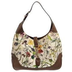 Pre Owned Gucci White/Brown Flora Canvas and Leather Medium Jackie Hobo