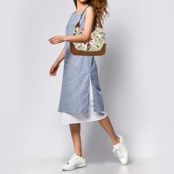 Pre Owned Gucci White/Brown Flora Canvas and Leather Medium Jackie Hobo